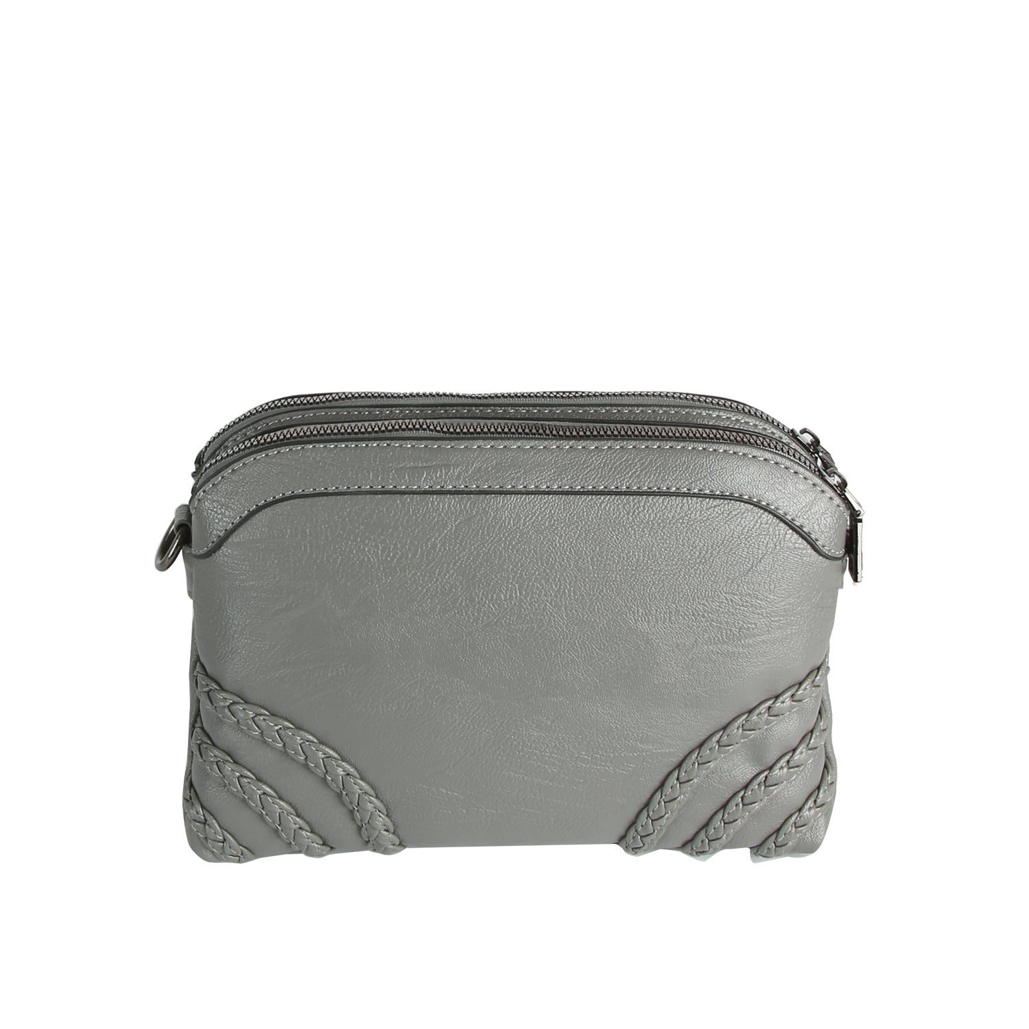 The Braid Accented Clutch Crossbody Bag is a small gray faux leather purse with a dual top zip closure, braided detailing on the bottom corners, and a smooth texture.