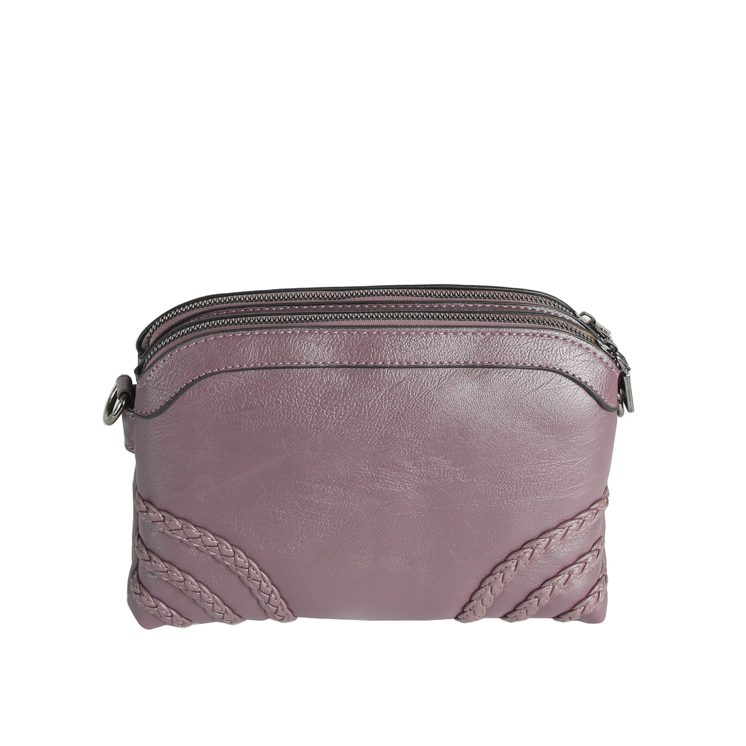 The Braid Accented Clutch Crossbody Bag is a small lavender faux leather bag with braided bottom-corner accents, dual top zip closures, and two exterior zipper compartments. It features an adjustable strap for comfortable wear.