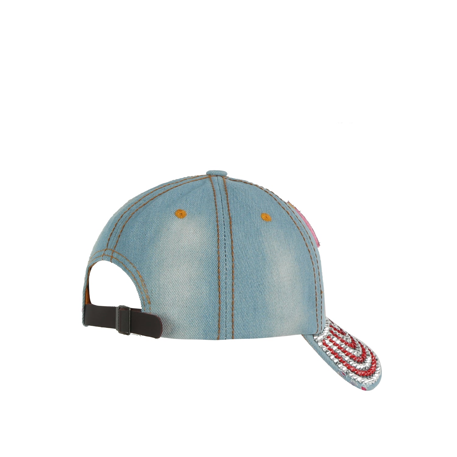 The Las Vegas Bling Cap is a light blue rhinestone denim cap with orange stitching, an adjustable buckle strap at the back, and a partially visible red, white, and silver sequin design on the curved brim.