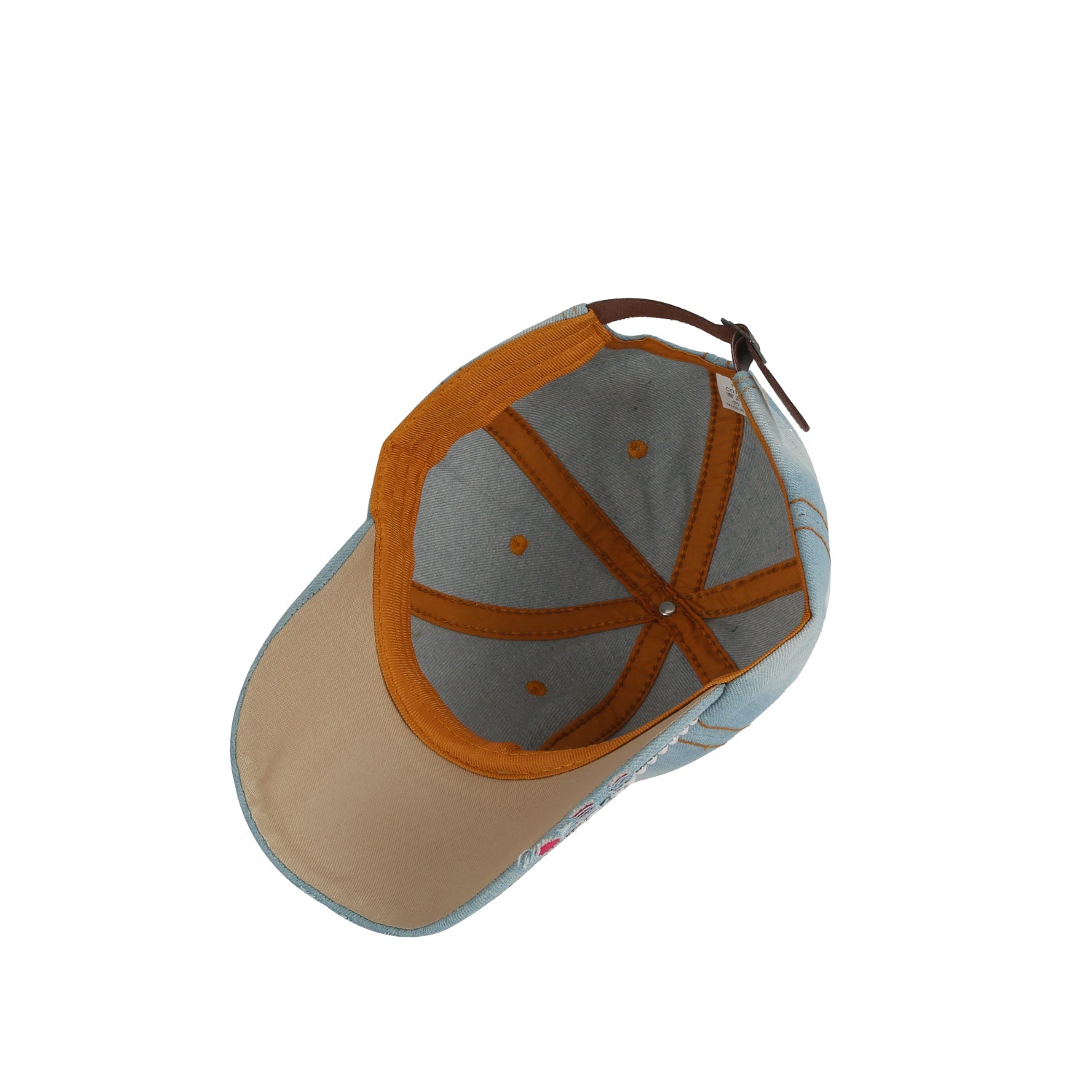 Top view of the Las Vegas Bling Cap featuring a beige brim, light blue panels, orange-brown inner lining, and an adjustable buckle strap at the back.