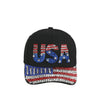 The USA American Flag Bling Cap is a black adjustable hat featuring red, white, and blue sequins spelling USA on the front with an American flag design on the brim.