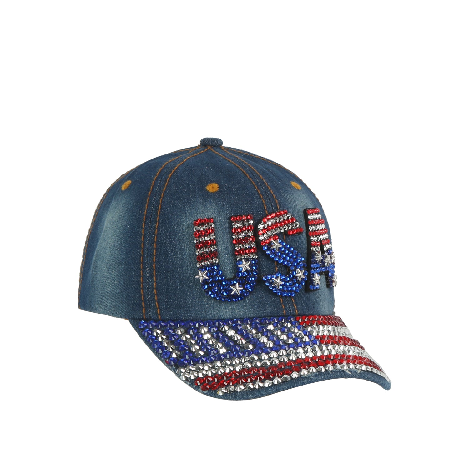 The USA American Flag Bling Cap is a blue denim hat with red, white, and blue rhinestones spelling USA on the front, an American flag rhinestone motif on the brim, and an adjustable strap for comfort.