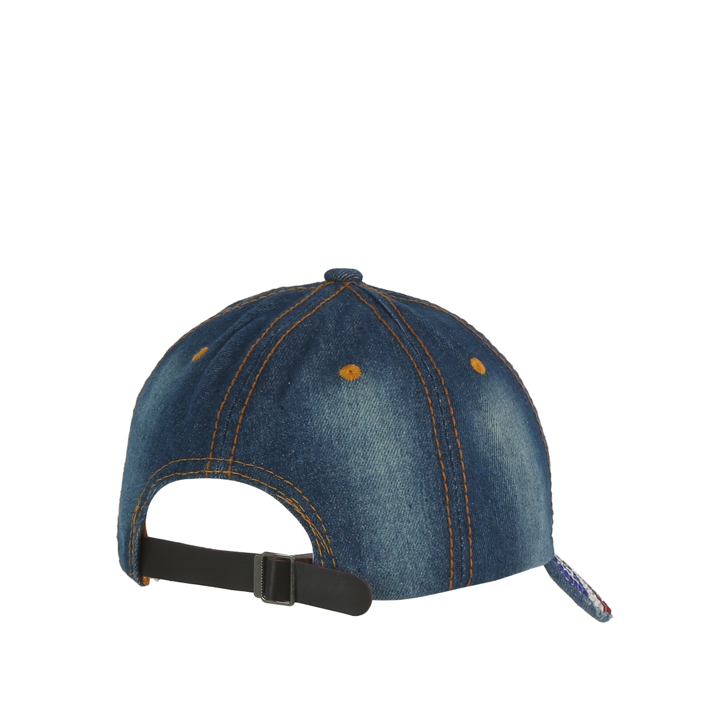 The USA American Flag Bling Cap is a blue denim adjustable hat with orange stitching, a black strap, and a slightly faded finish, shown from the back.