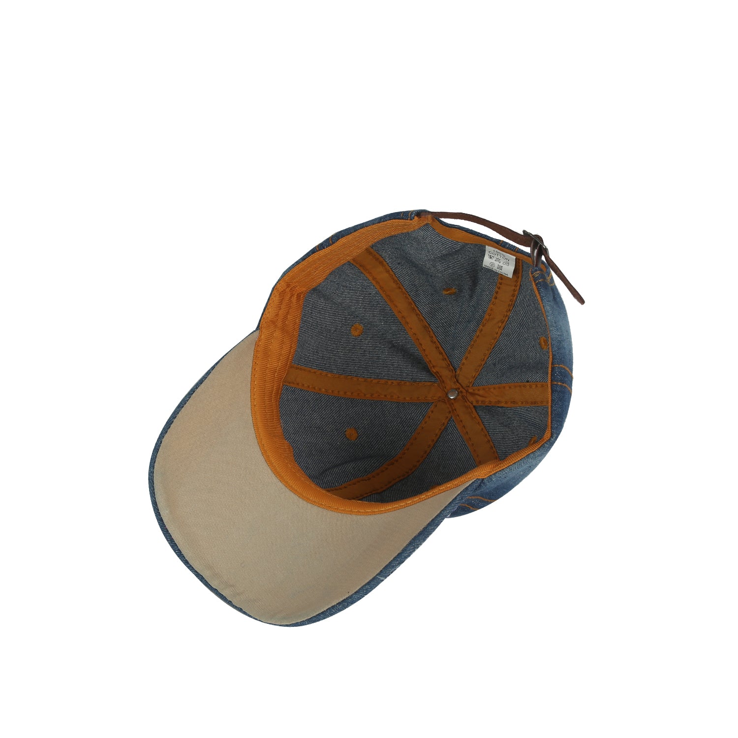 The USA American Flag Bling Cap features blue and brown colors, a beige underside, brown inner seams, and an adjustable strap at the back, as seen from above.