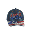 The USA American Flag Bling Cap features blue denim, red, white, and blue rhinestones spelling USA, and a sparkling flag motif on the bill. This adjustable hat adds festive patriotic style to any look.