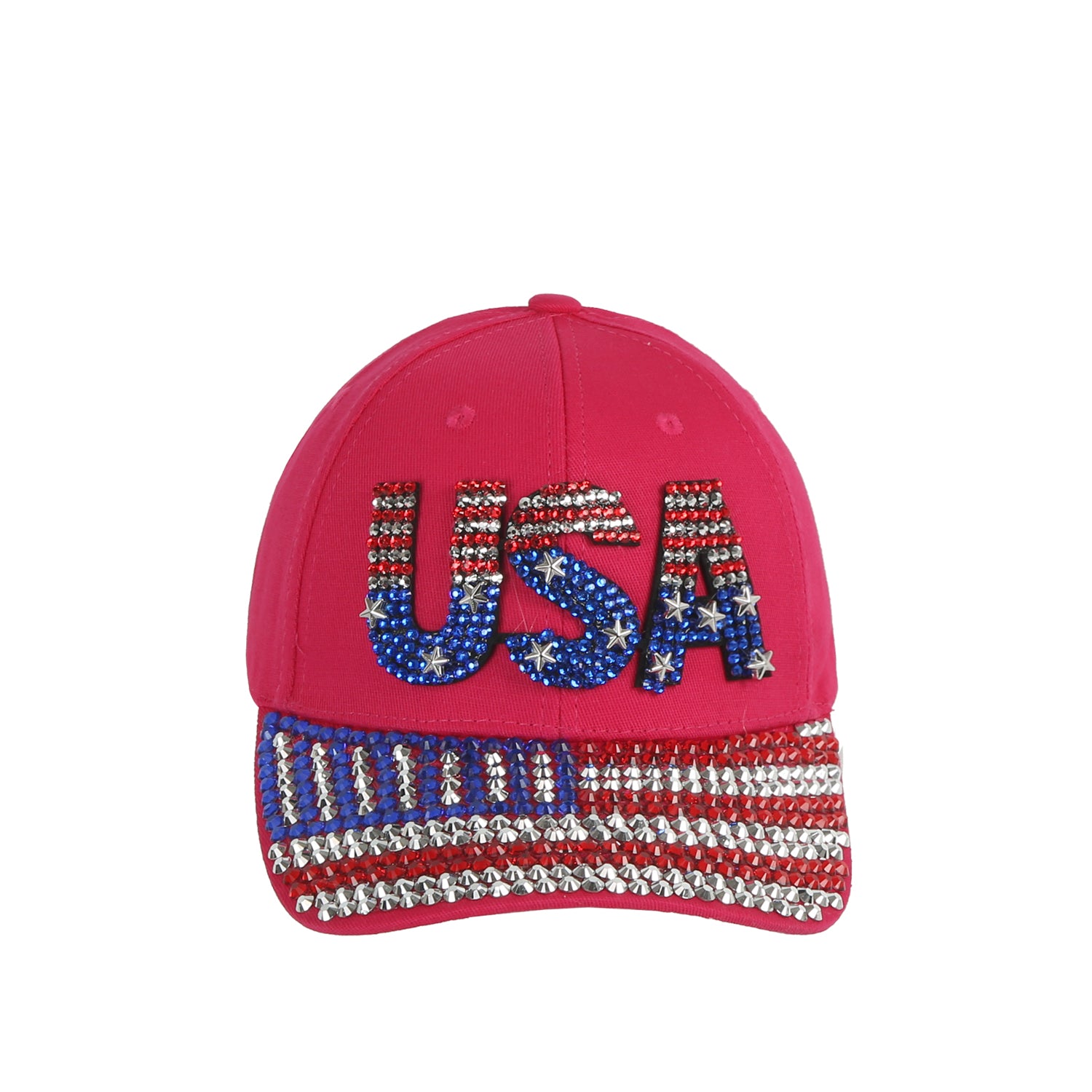The USA American Flag Bling Cap features rhinestones spelling USA on the front and a stylized flag motif on the brim—a sparkling hat ideal for showing patriotic style.