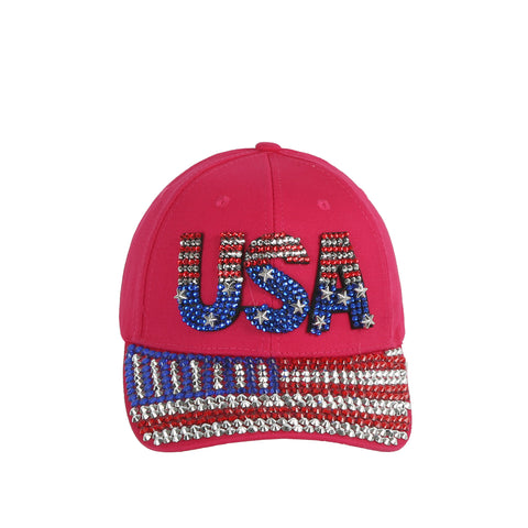 The USA American Flag Bling Cap features rhinestones spelling USA on the front and a stylized flag motif on the brim—a sparkling hat ideal for showing patriotic style.