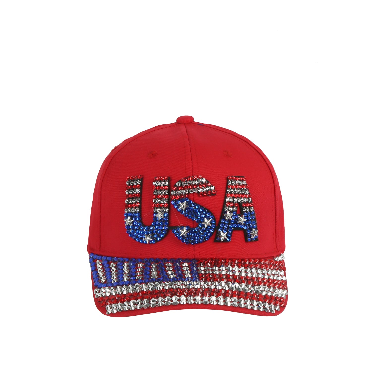 The USA American Flag Bling Cap features an adjustable fit, bold USA letters, an American flag motif, and a brim decorated with red, white, and blue rhinestones—perfect for displaying your patriotic pride.