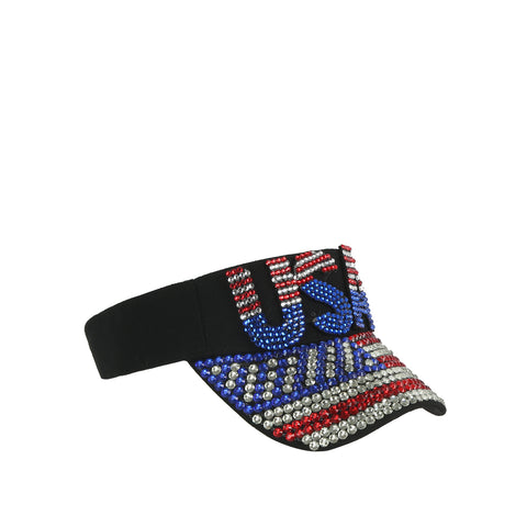 The USA American Flag Bling Visor features “USA” in blue, red, and silver rhinestones and a sparkling flag-inspired brim pattern along the edge.