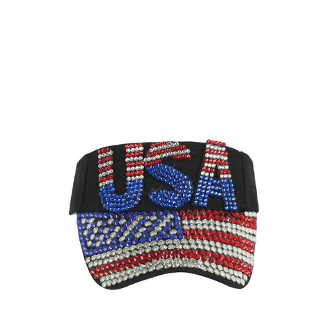 The USA American Flag Bling Visor features red, blue, and silver rhinestones spelling USA on the front and a sparkling flag design on the brim for a bold patriotic look.