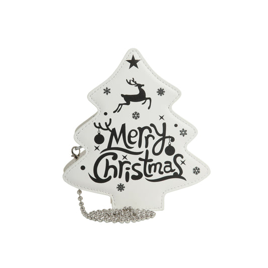 The Christmas Tree Crossbody Bag is a white faux leather purse shaped like a tree, with a silver detachable chain strap, black Merry Christmas text, reindeer, stars, snowflakes on the front, and a secure top zip closure.