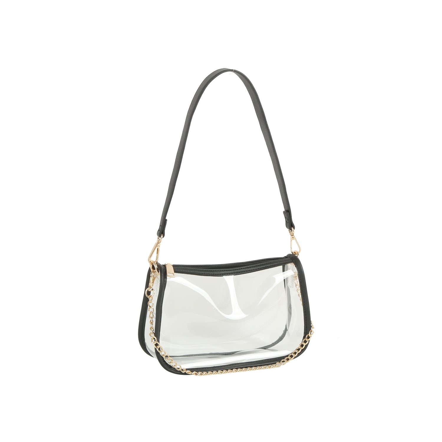 The Chain Accented Clear Hobo Handbag features a clear rectangular body, black trim and strap, gold-toned hardware, and a gold chain accent, displayed against a white background.