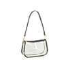 The Chain Accented Clear Hobo Handbag features a clear rectangular body, black trim and strap, gold-toned hardware, and a gold chain accent, displayed against a white background.