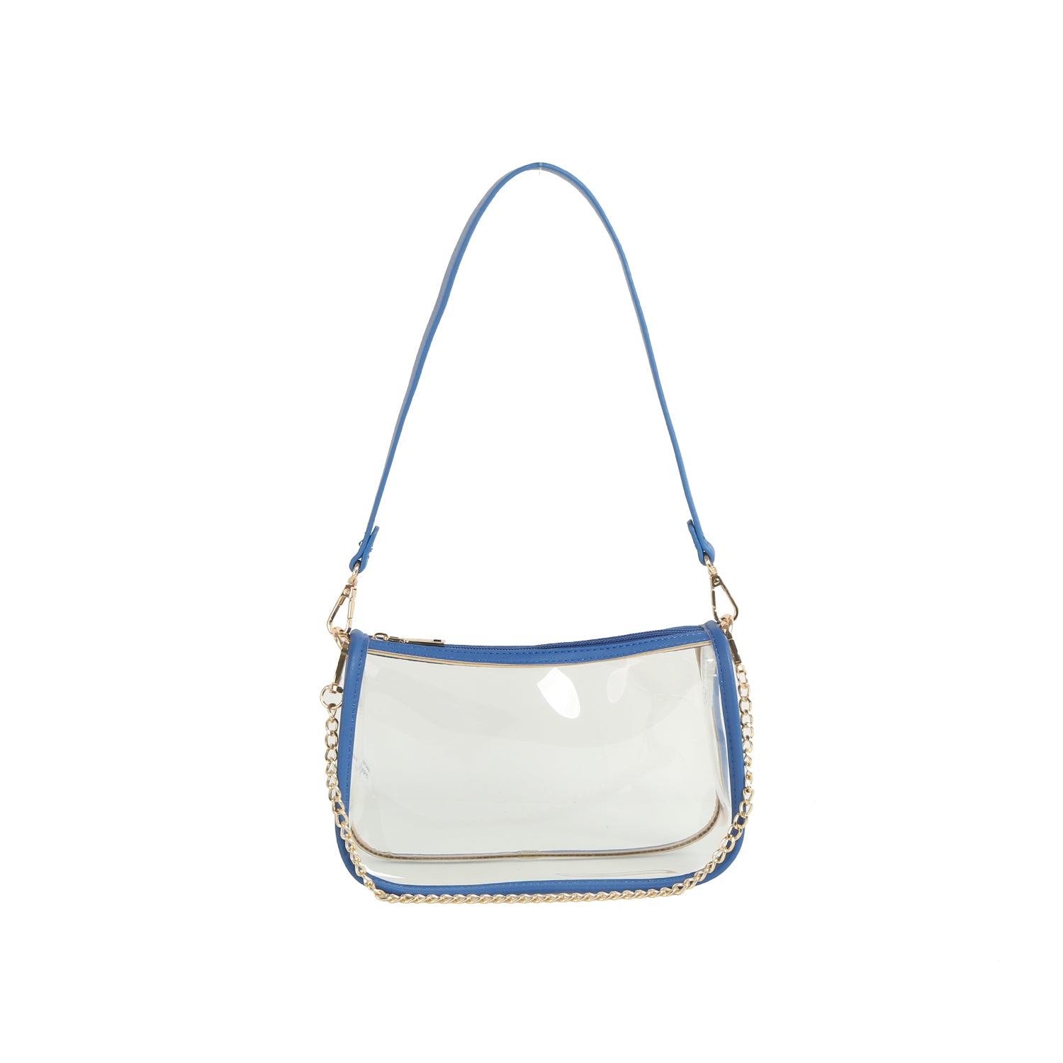 The Chain Accented Clear Hobo Handbag is a rectangular, clear bag with blue trim, gold-tone hardware, a top zip closure, detachable strap, and decorative gold chain detail along one side, shown on a white background.