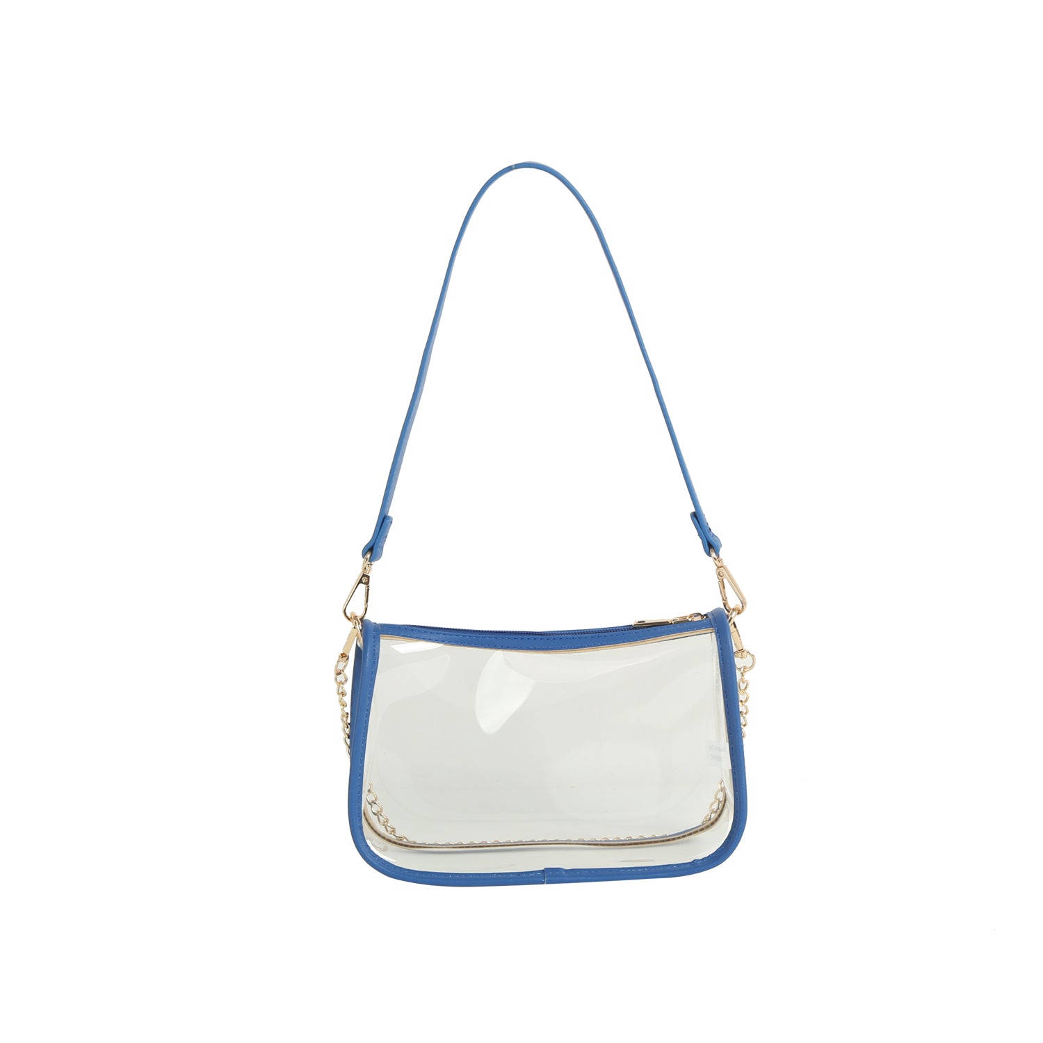 The Chain Accented Clear Hobo Handbag features blue trim, gold-toned hardware, a blue shoulder strap, gold chain accent, top zip closure, and is shown on a white background.