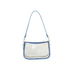 The Chain Accented Clear Hobo Handbag features blue trim, gold-toned hardware, a blue shoulder strap, gold chain accent, top zip closure, and is shown on a white background.