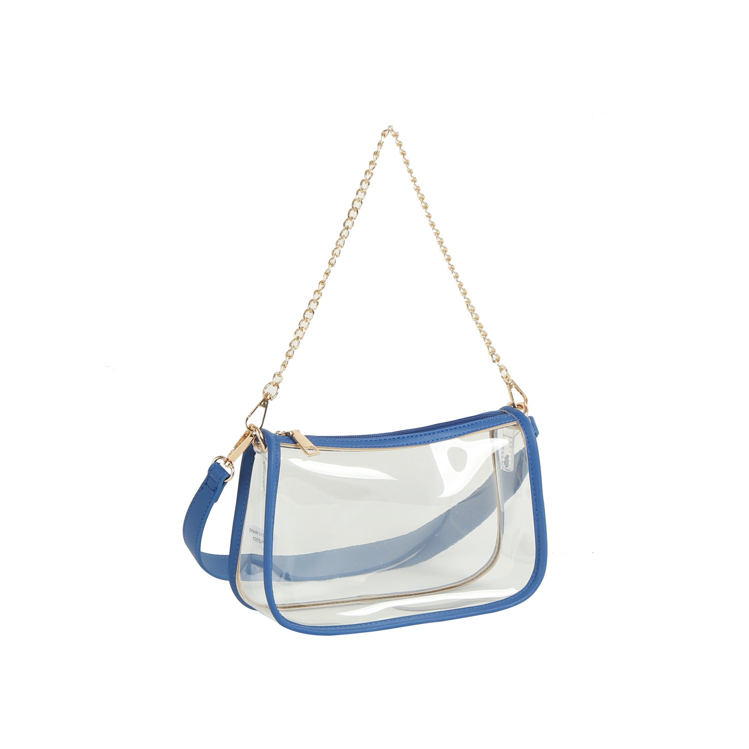The Chain Accented Clear Hobo Handbag, rectangular with blue trim, gold-toned hardware, a gold chain strap, a blue shoulder strap, and a top zip closure is displayed on a white background.
