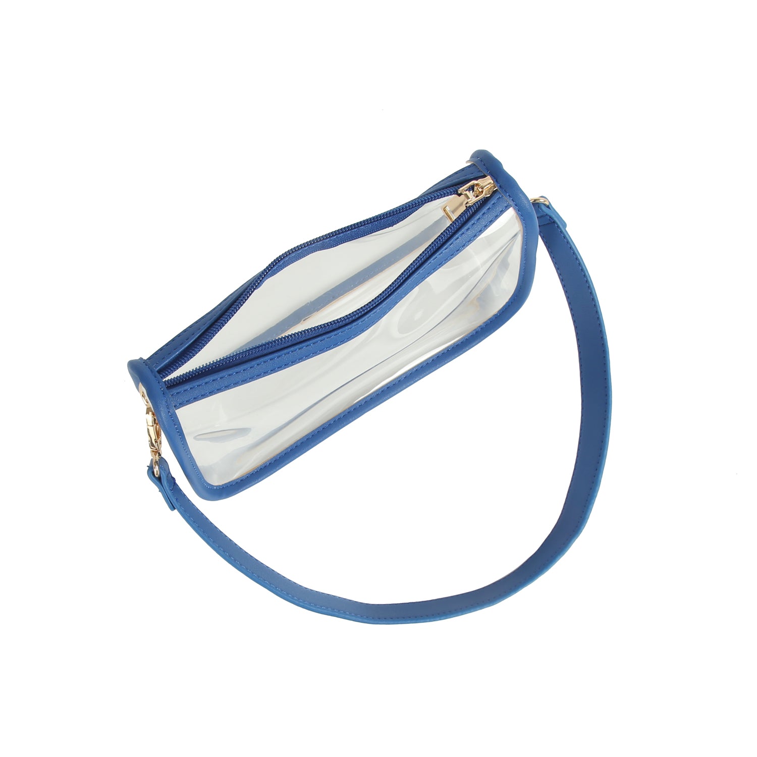 The Chain Accented Clear Hobo Handbag features blue trim and strap, gold-toned hardware, and a top zip closure for style and security.