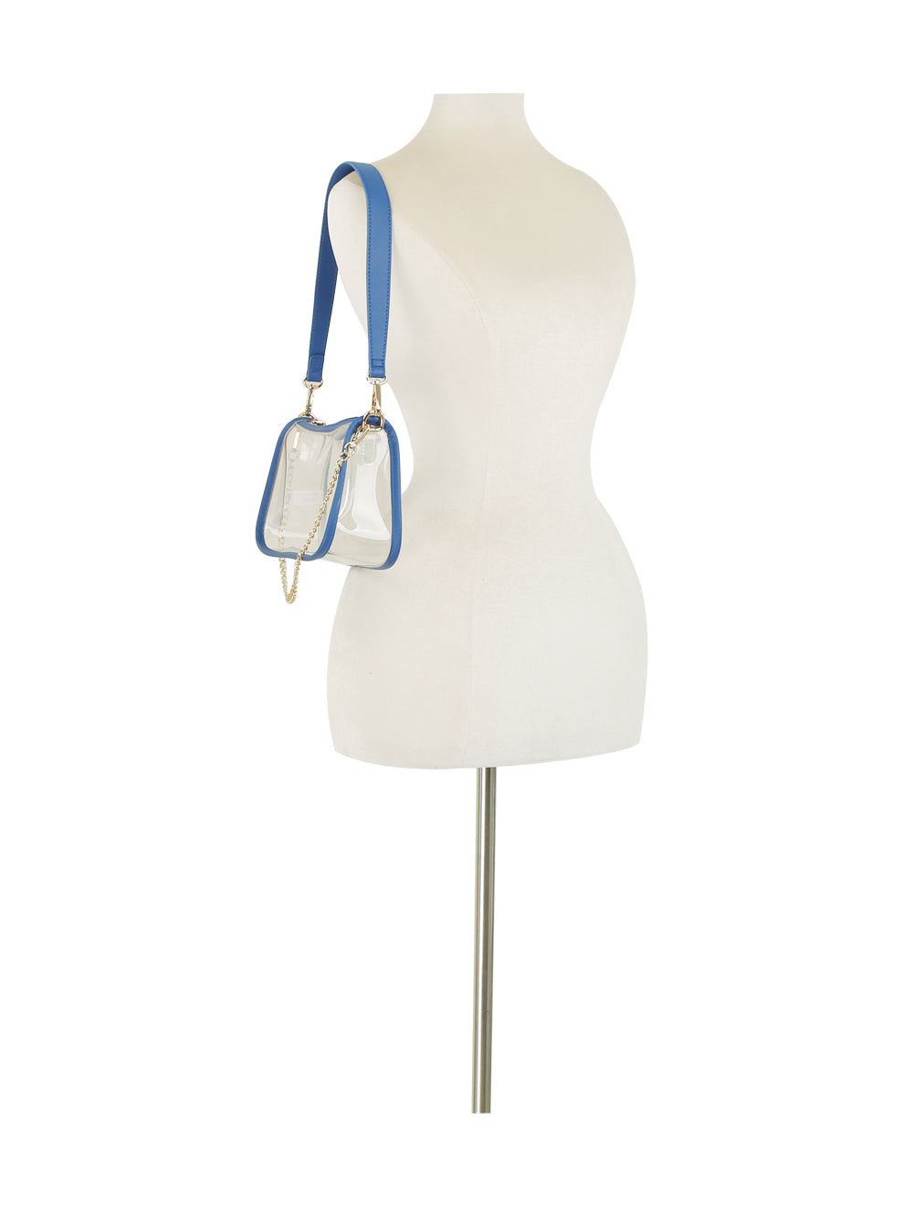 The Chain Accented Clear Hobo Handbag, featuring blue trim, a wide blue strap, and gold-toned hardware, is displayed on a white dress form mannequin against a plain white background.