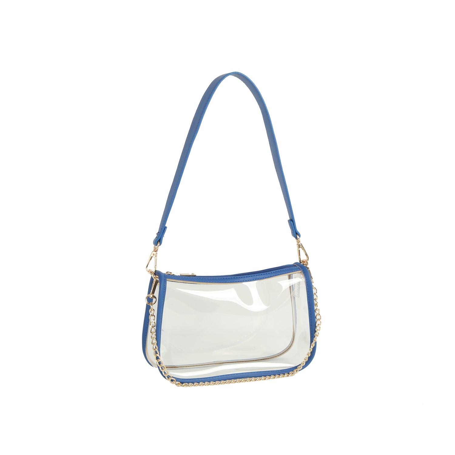 The Chain Accented Clear Hobo Handbag is a rectangular bag with blue trim, a detachable shoulder strap, and gold-toned hardware, featuring a blue strap and gold chain accent, shown on a white background.