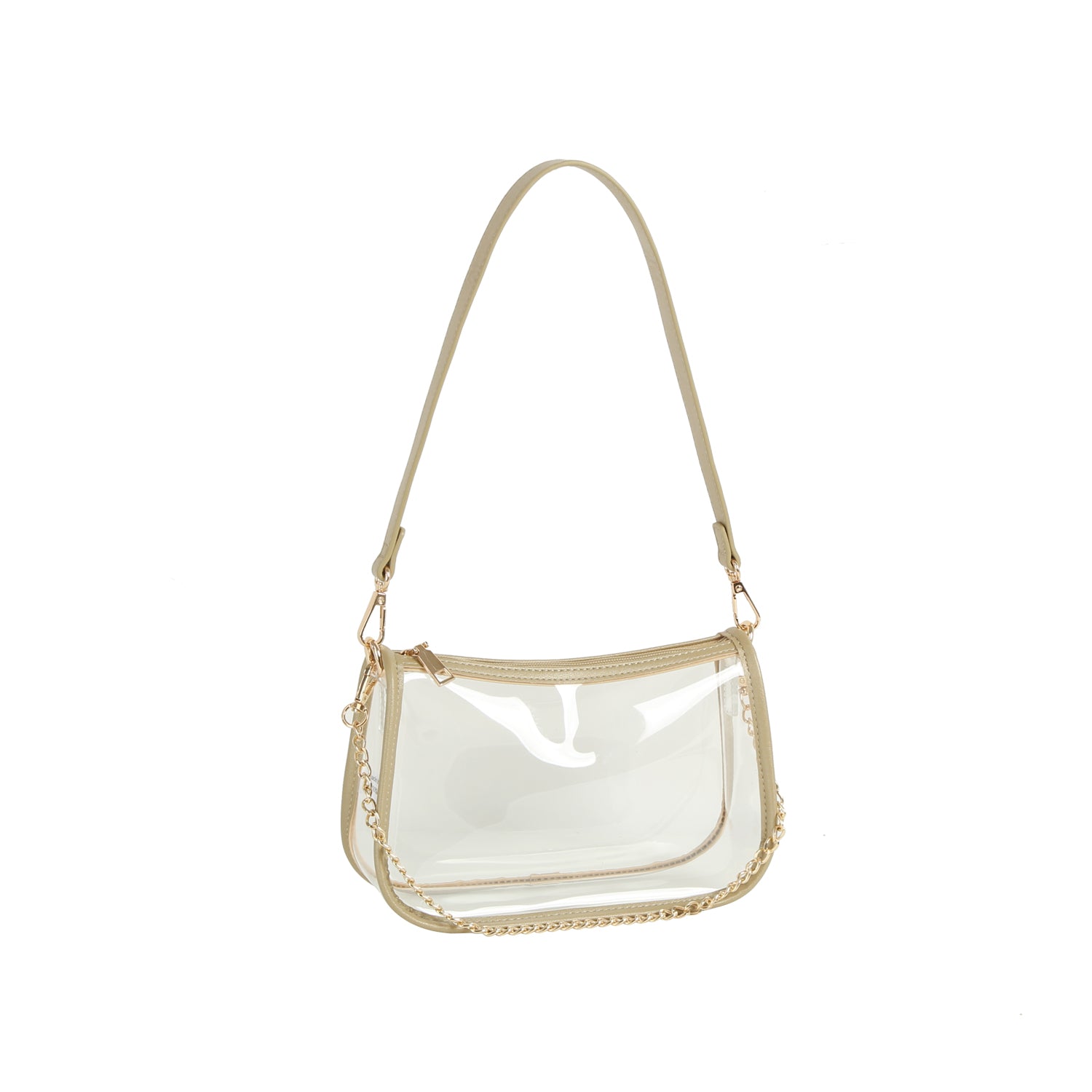 The Chain Accented Clear Hobo Handbag features a rectangular clear design with beige trim, top zip closure, gold-toned hardware, and a detachable matching shoulder strap. Shown empty against a plain white background.