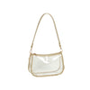 The Chain Accented Clear Hobo Handbag is a rectangular, transparent bag with beige trim, gold-tone hardware, a matching shoulder strap, and top zip closure. Shown empty against a plain white background.