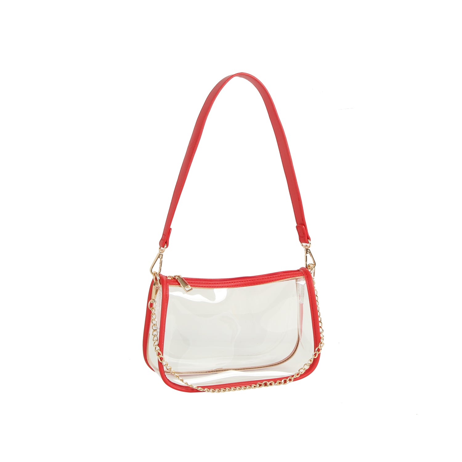The Chain Accented Clear Hobo Handbag features a clear design with red trim, red shoulder strap, gold-tone hardware, a decorative gold chain on one side, and a secure top zip closure.