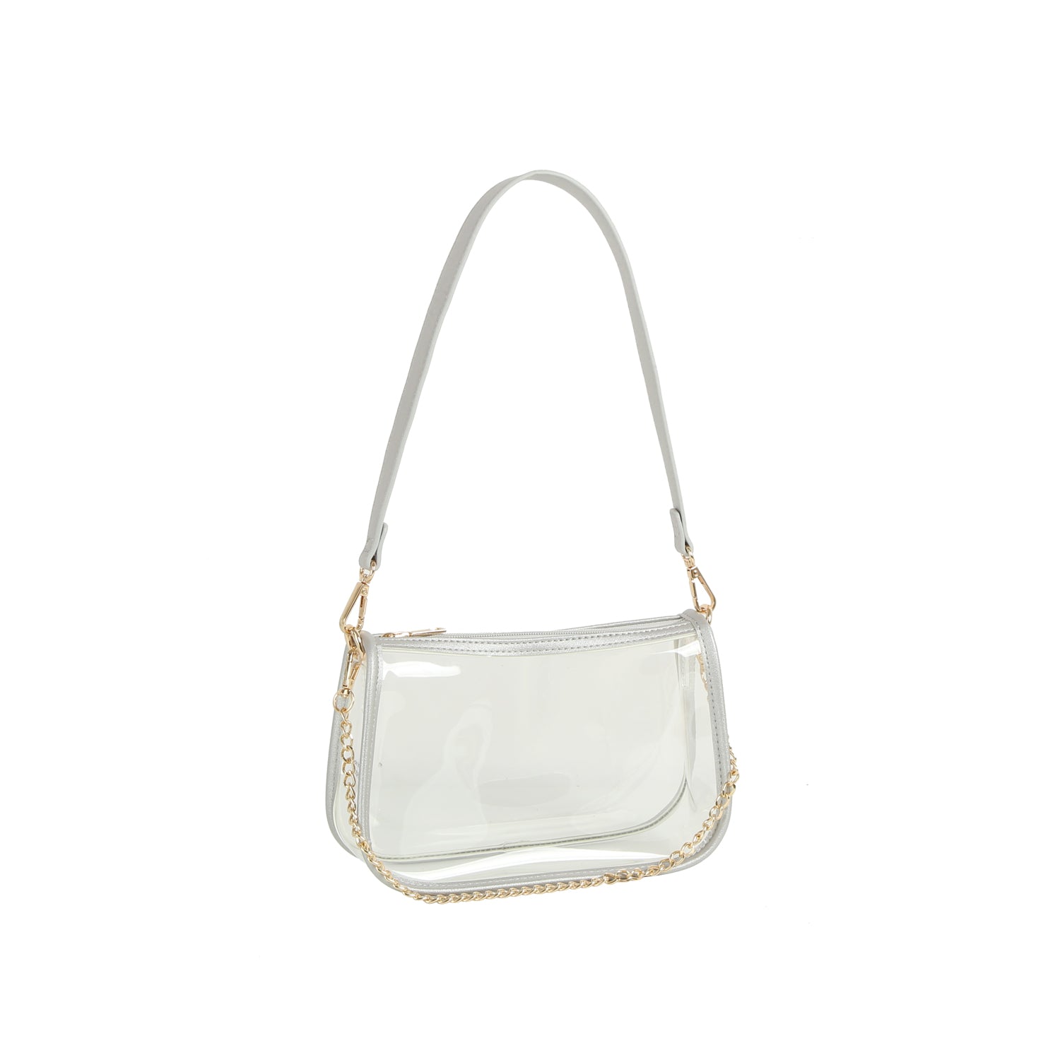 The Chain Accented Clear Hobo Handbag features a rectangular transparent body, light gray trim, gold-toned hardware, a top zip closure, gray strap, and an extra gold chain strap, showcased against a white background.