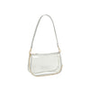 The Chain Accented Clear Hobo Handbag features a rectangular transparent body, light gray trim, gold-toned hardware, a top zip closure, gray strap, and an extra gold chain strap, showcased against a white background.