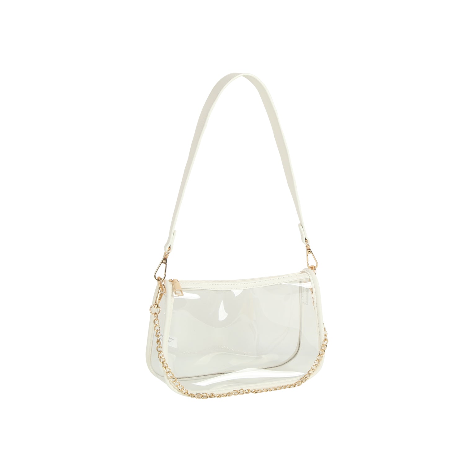 The Chain Accented Clear Hobo Handbag features a rectangular clear design with white trim and strap, gold-toned hardware, a top zip closure, and a decorative gold chain on the front.