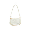 The Chain Accented Clear Hobo Handbag features a rectangular clear design with white trim and strap, gold-toned hardware, a top zip closure, and a decorative gold chain on the front.