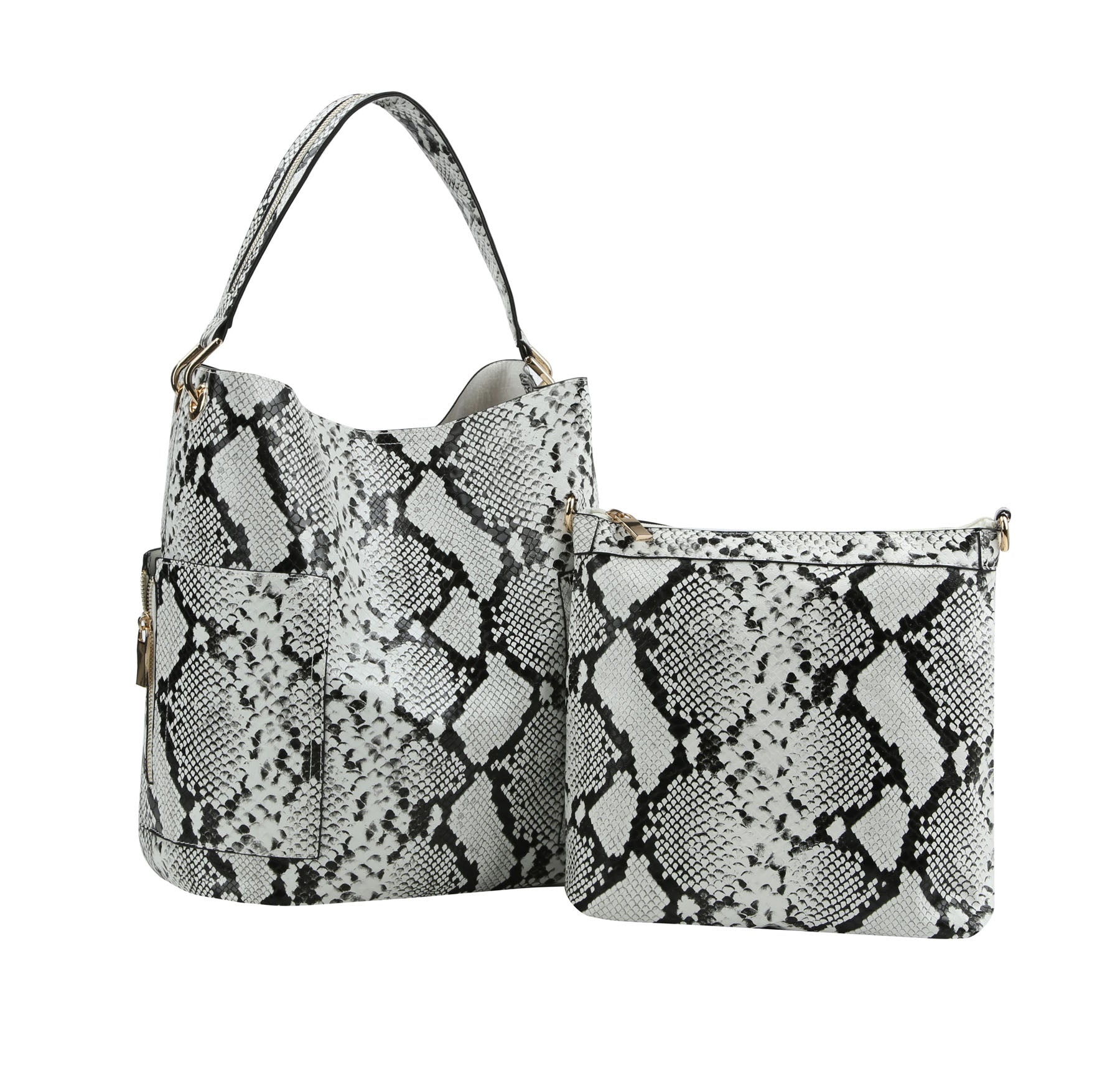 The Snakeskin Print Tall Hobo Two Piece Handbag Set features two matching faux leather bags: a large tote with a wide handle and outer pocket, plus a smaller zippered pouch, both in stylish black and white snakeskin pattern.