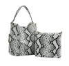 The Snakeskin Print Tall Hobo Two Piece Handbag Set features two matching faux leather bags: a large tote with a wide handle and outer pocket, plus a smaller zippered pouch, both in stylish black and white snakeskin pattern.