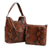 The Snakeskin Print Tall Hobo Two Piece Handbag Set includes a brown faux leather hobo bag with black snakeskin pattern, handle, and front pocket, plus a smaller matching crossbody sling. Both bags stand upright against a white background.