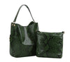 The Snakeskin Print Tall Hobo Two Piece Handbag Set features two green faux leather bags— a tall hobo with single handle and exterior pocket, and a compact zippered crossbody with detachable strap—displayed upright on a white background.