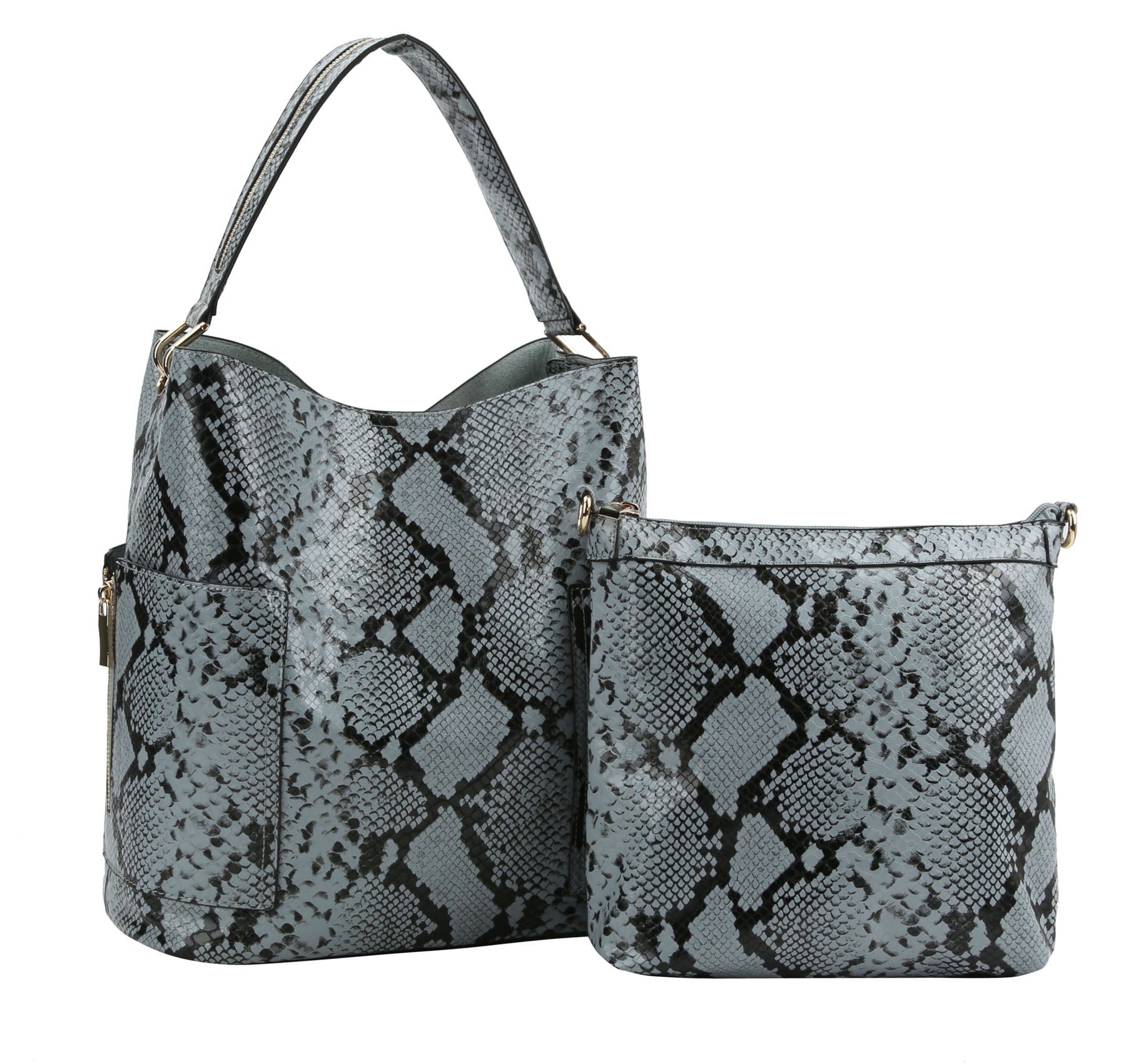The Snakeskin Print Tall Hobo Two Piece Handbag Set features two gray faux leather bags—a spacious hobo with handle and side pocket, and a smaller crossbody sling—displayed side by side on a white background.