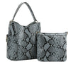 The Snakeskin Print Tall Hobo Two Piece Handbag Set features two gray faux leather bags—a spacious hobo with handle and side pocket, and a smaller crossbody sling—displayed side by side on a white background.