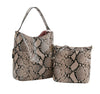 The Snakeskin Print Tall Hobo Two Piece Handbag Set includes two beige and black faux leather bags with gold hardware—a chic hobo with a short strap and a crossbody sling with an adjustable strap. Both have a glossy finish and structured design.