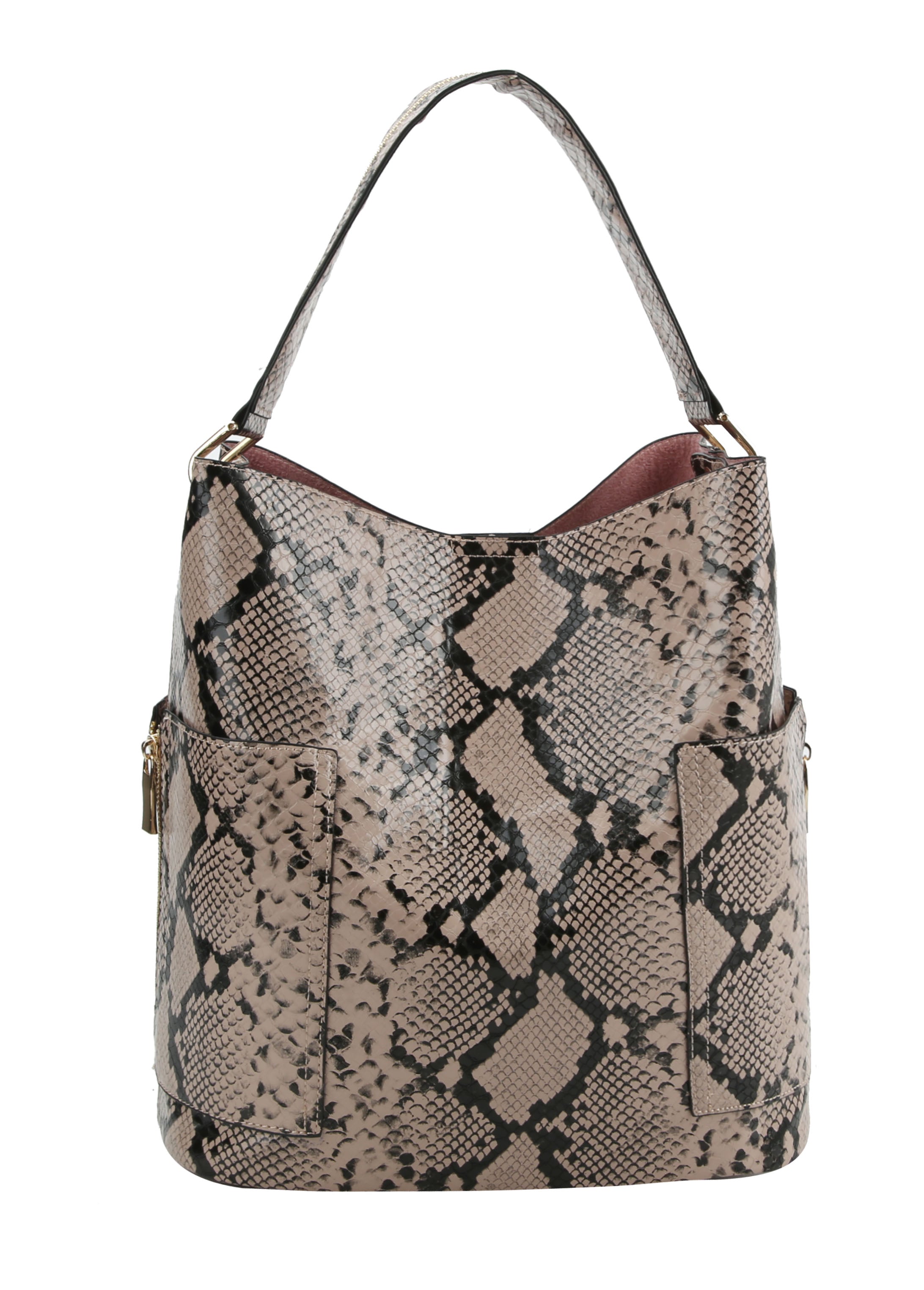 The Snakeskin Print Tall Hobo Two Piece Handbag Set features a bold faux snakeskin design, ideal for effortless style as a crossbody sling.