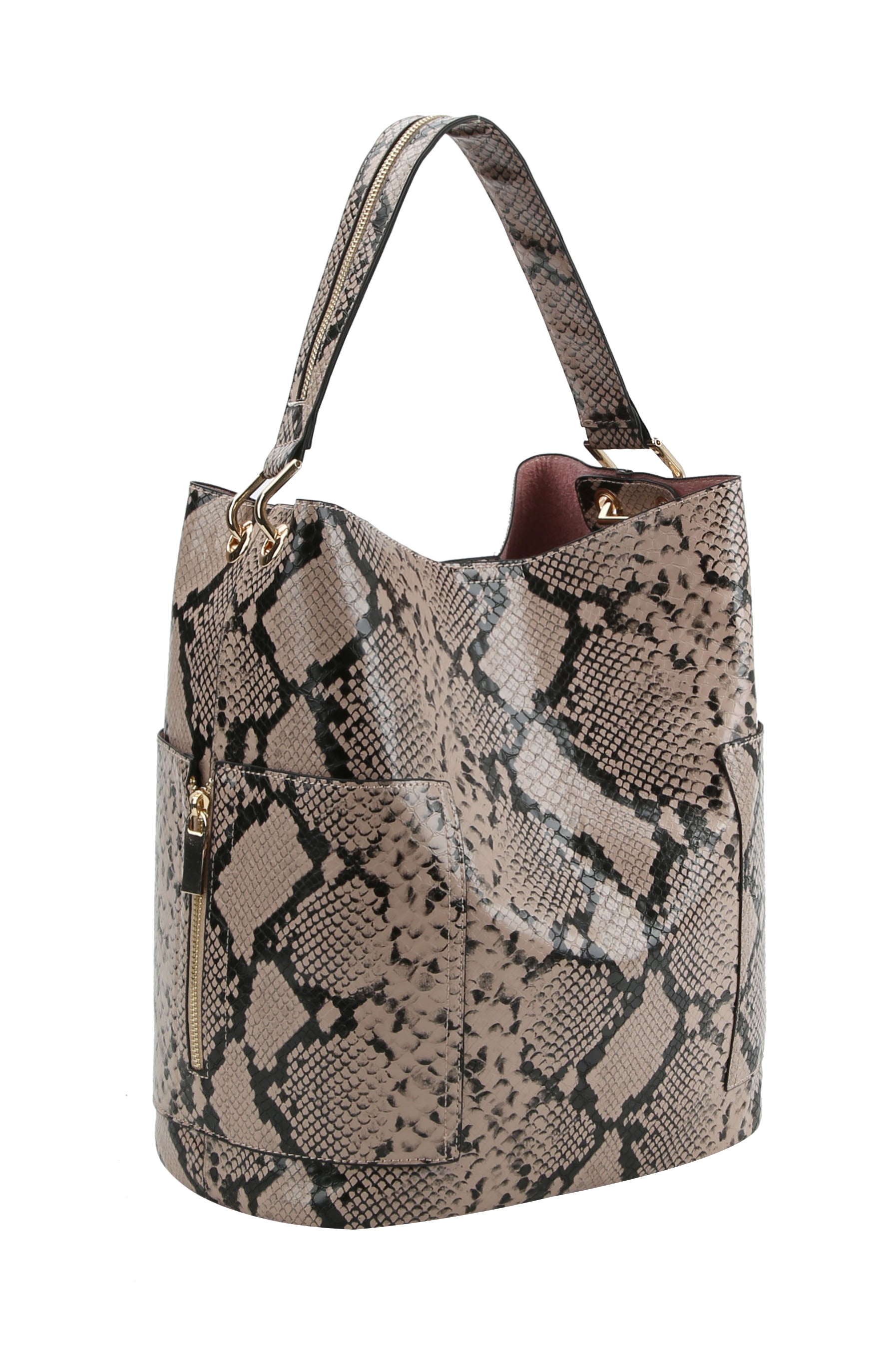 The Snakeskin Print Tall Hobo Two Piece Handbag Set features a beige and black faux leather design with gold hardware, a single shoulder strap, exterior zipper pocket, and a spacious, slouchy silhouette.