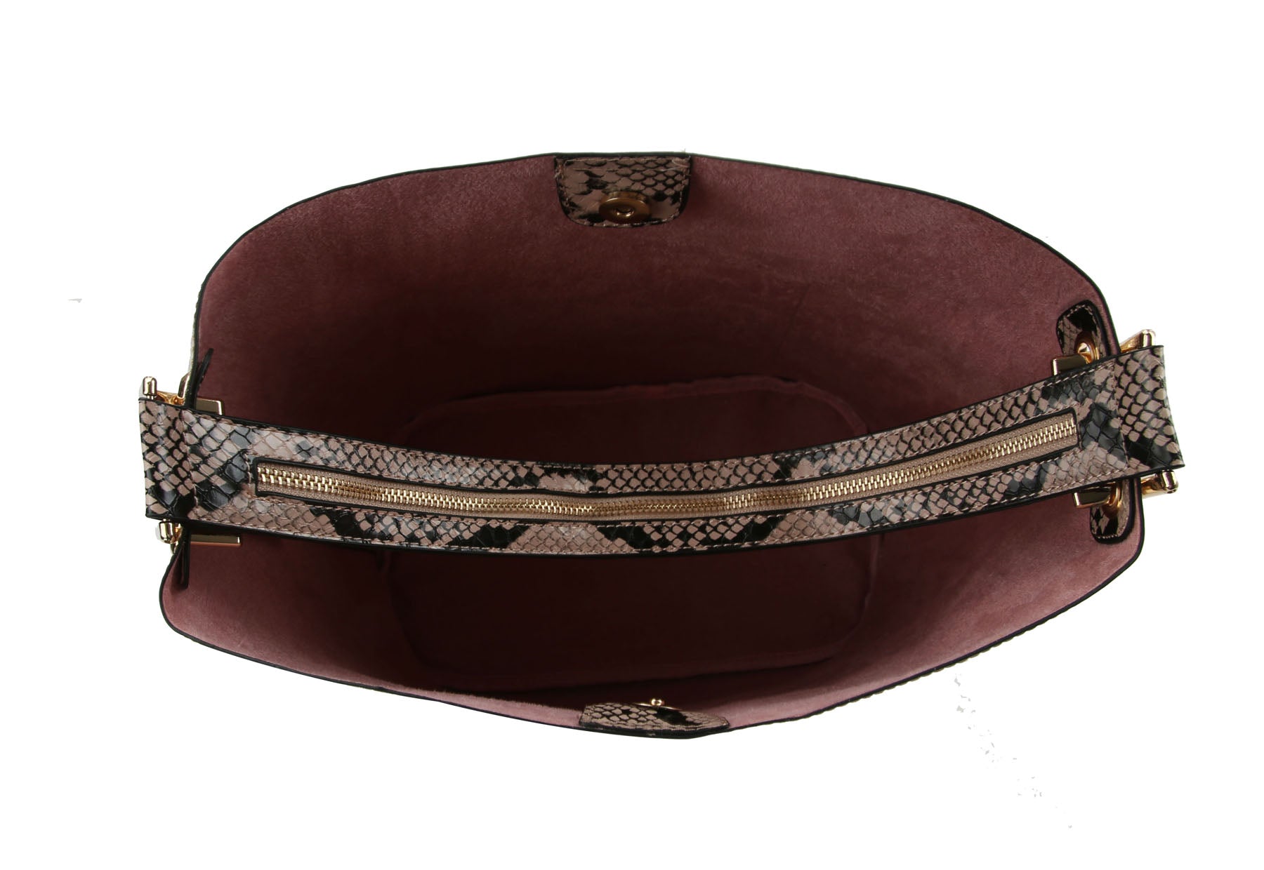 The Snakeskin Print Tall Hobo Two Piece Handbag Set features an open-top design, wide snakeskin-patterned strap, gold zippers, and a brown suede-like interior. The overhead image shows its roomy interior and chic crossbody style.