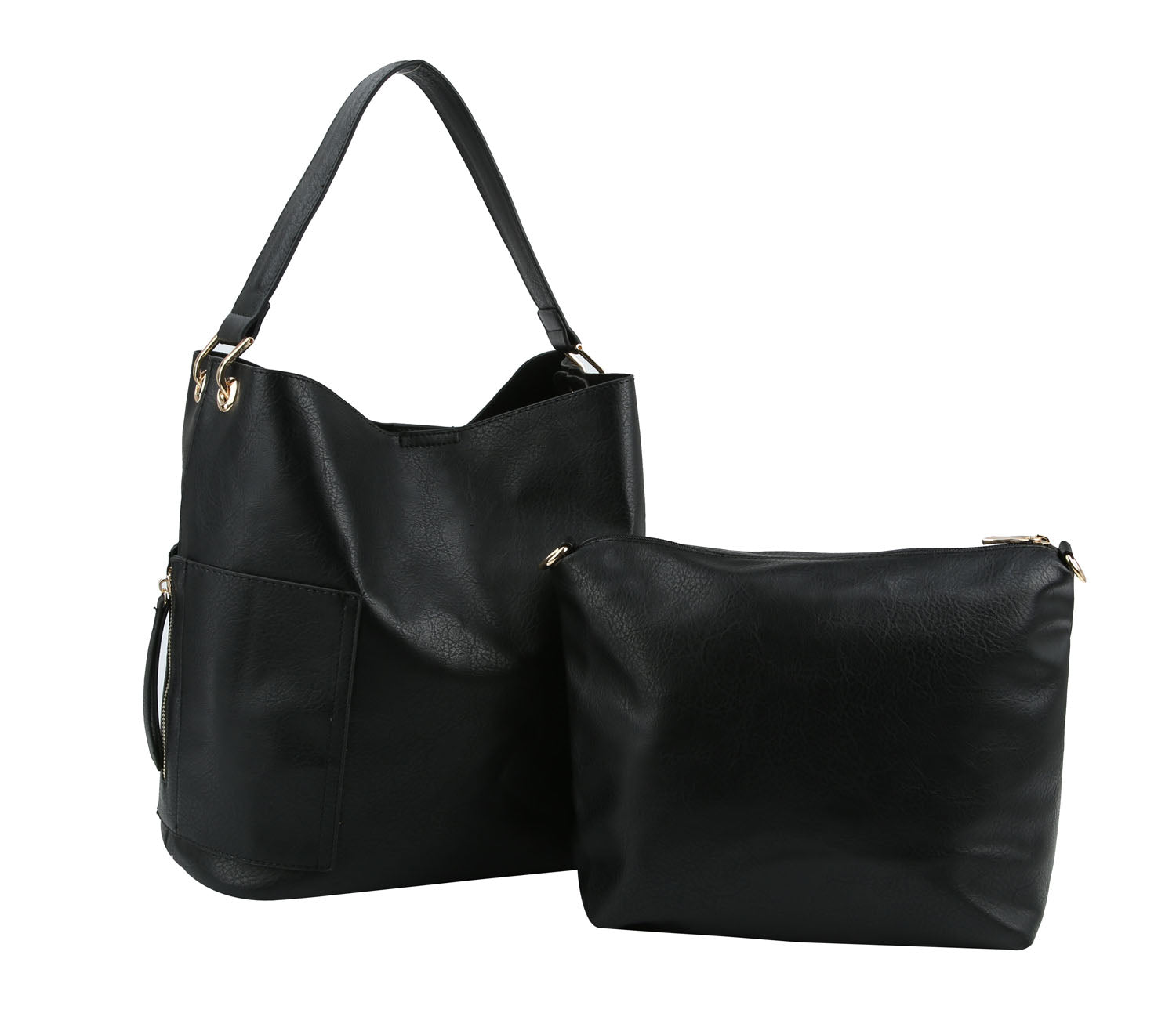 The End Pocket Hobo Two Piece Handbag Set features a spacious black faux leather tote with a shoulder strap and side pocket, paired with a matching zippered pouch—both accented with gold-toned hardware for a chic touch.