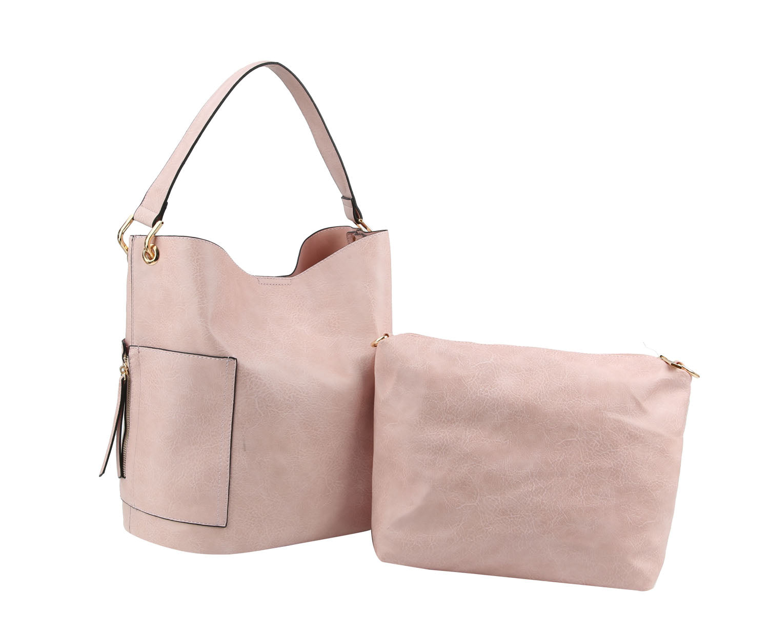 The End Pocket Hobo Two Piece Handbag Set features a light pink faux leather hobo bag with a shoulder strap, side pocket, gold-tone accents, and comes with a matching zippered pouch.