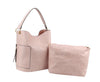 The End Pocket Hobo Two Piece Handbag Set features a light pink faux leather hobo bag with a shoulder strap, side pocket, gold-tone accents, and comes with a matching zippered pouch.