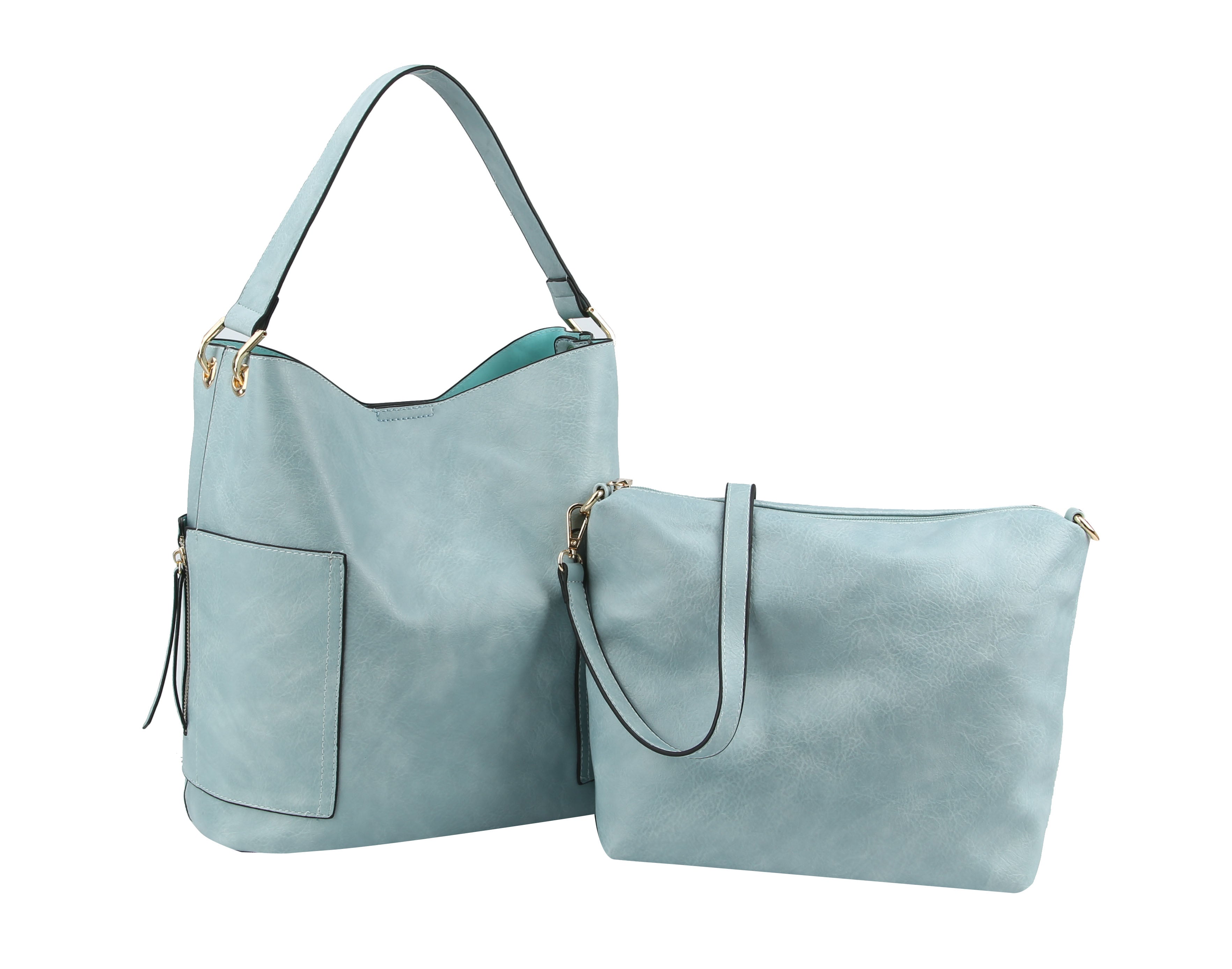 The End Pocket Hobo Two Piece Handbag Set includes two light blue faux leather bags: a tall tote with a wide strap and front pocket, and a matching medium crossbody. Both are finished with elegant gold-toned hardware.