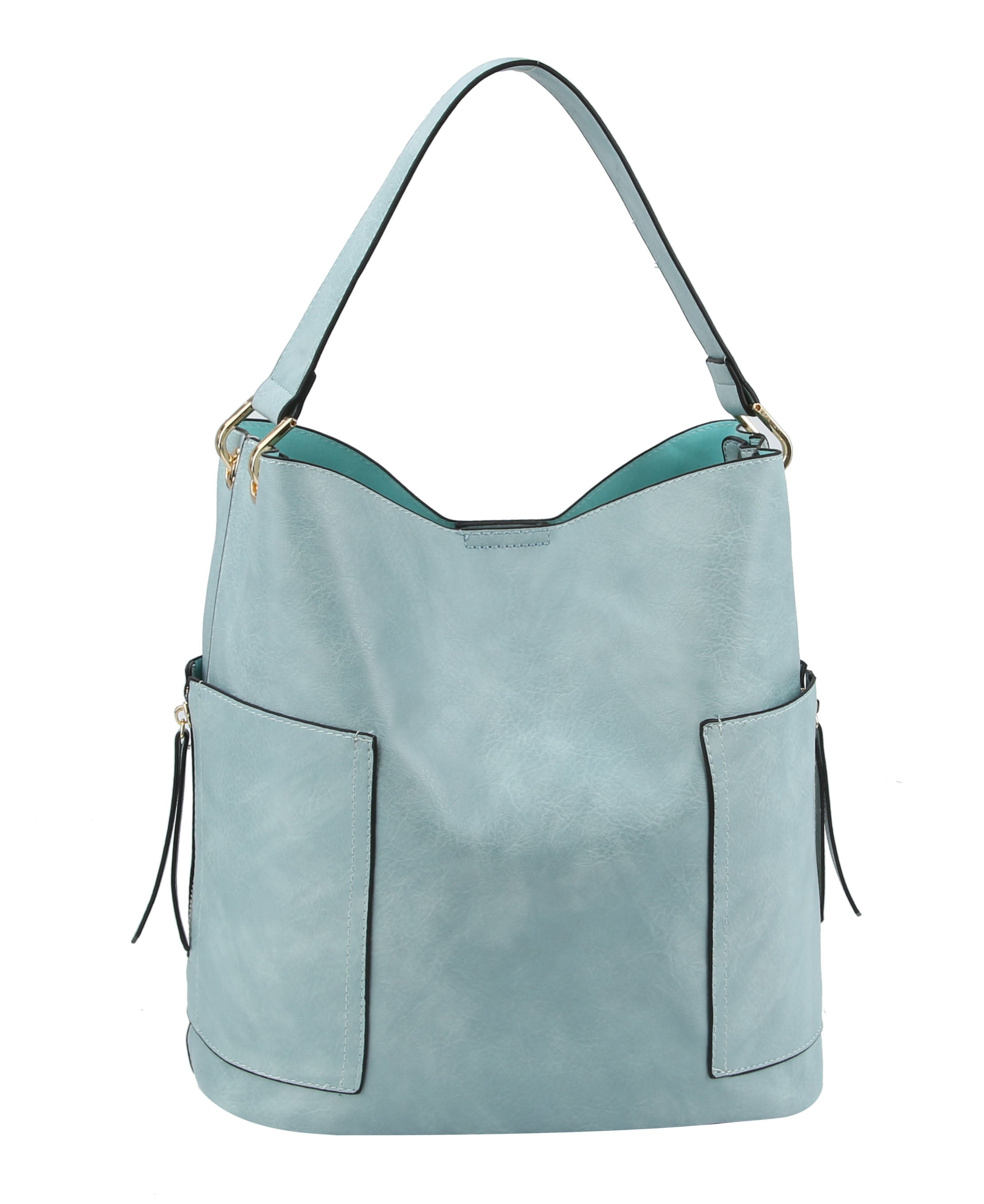 The End Pocket Hobo Two Piece Handbag Set features light blue soft faux leather, a wide shoulder strap, two side pockets, gold-toned hardware, a slouchy structure, and a teal interior lining.