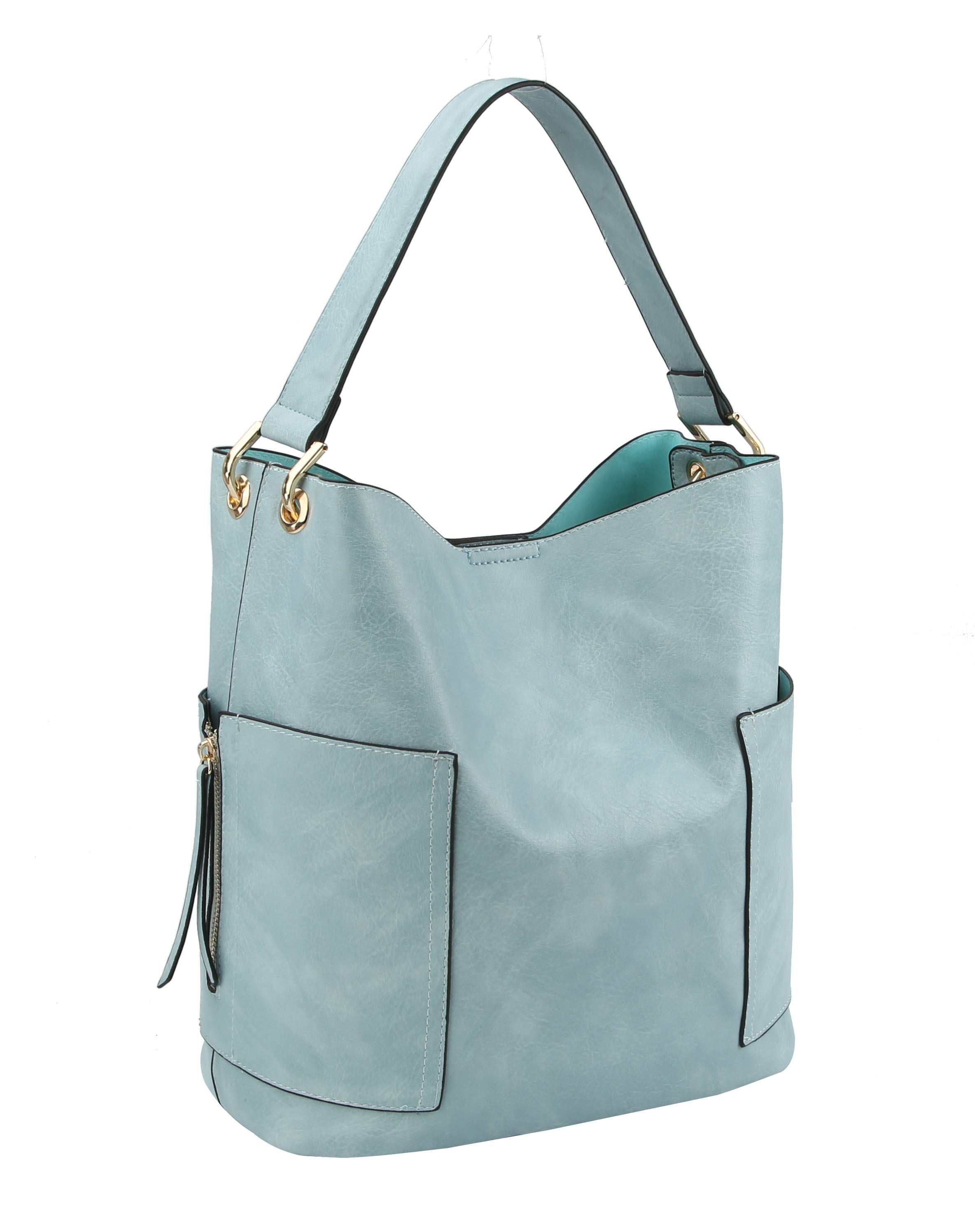 The End Pocket Hobo Two Piece Handbag Set features light blue faux leather with gold-toned hardware, two exterior pockets, black trim, a wide shoulder strap, a spacious structured shape, and a soft texture.