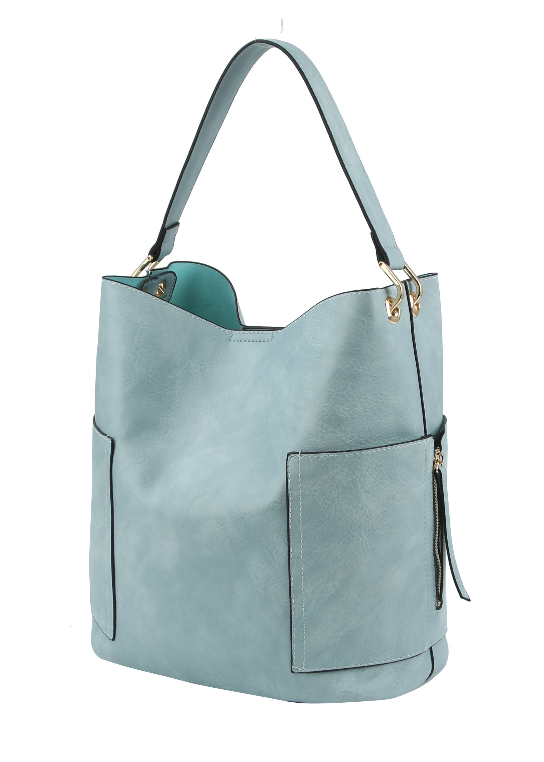 The End Pocket Hobo Two Piece Handbag Set features a light blue faux leather hobo bag with black trim, gold-toned hardware, a wide shoulder strap, and a front exterior zip pocket. The bag stands upright against a white background.