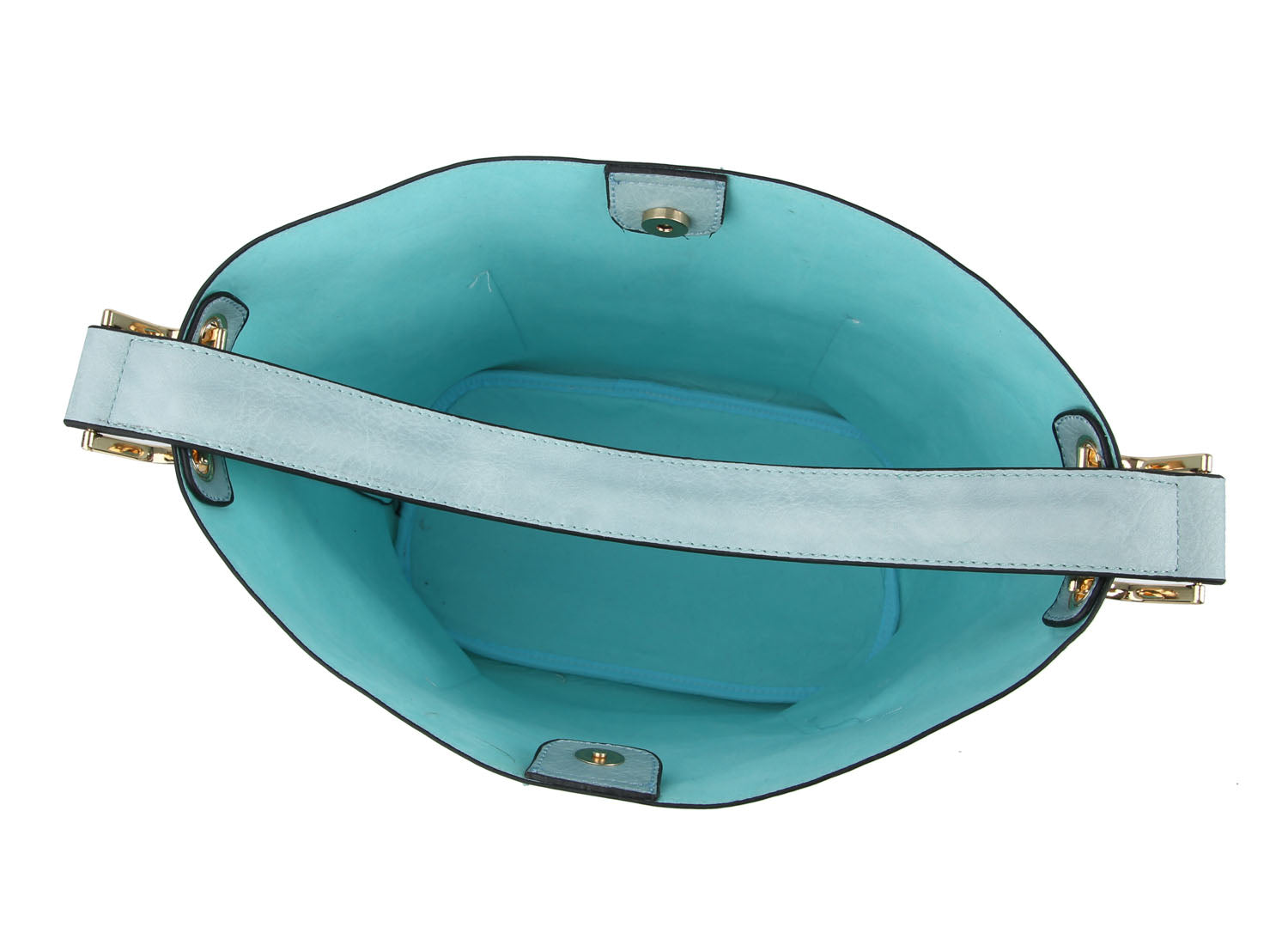 Top view of the End Pocket Hobo Two Piece Handbag Set in light blue, featuring a single handle, gold-toned hardware, and a spacious interior lined with matching blue faux leather.