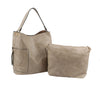 The End Pocket Hobo Two Piece Handbag Set includes a taupe faux leather hobo bag with an exterior pocket and matching zippered pouch, both featuring gold-toned hardware.